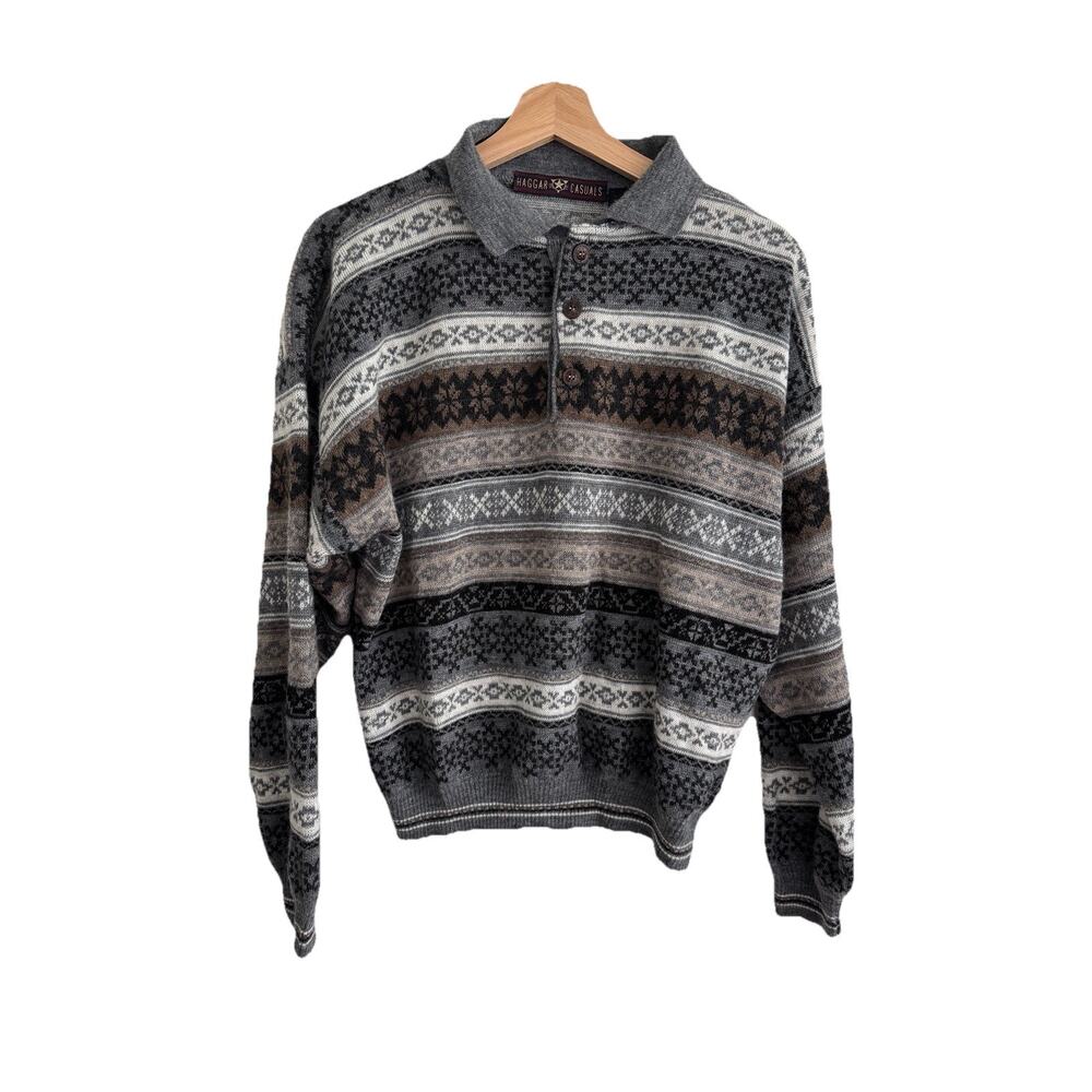 Vintage Fair Isle Knit Polo Sweater Men’s M Wool Blend Italy Grandpa Core Classy